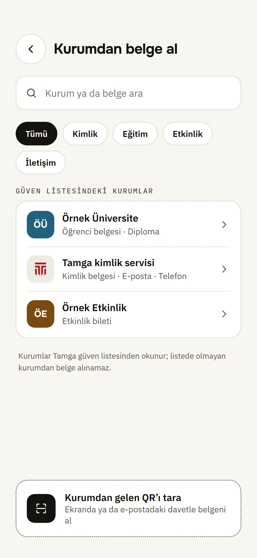 Get a document from an institution: search, categories, the institutions on the trust list and a button to scan the institution's QR code.