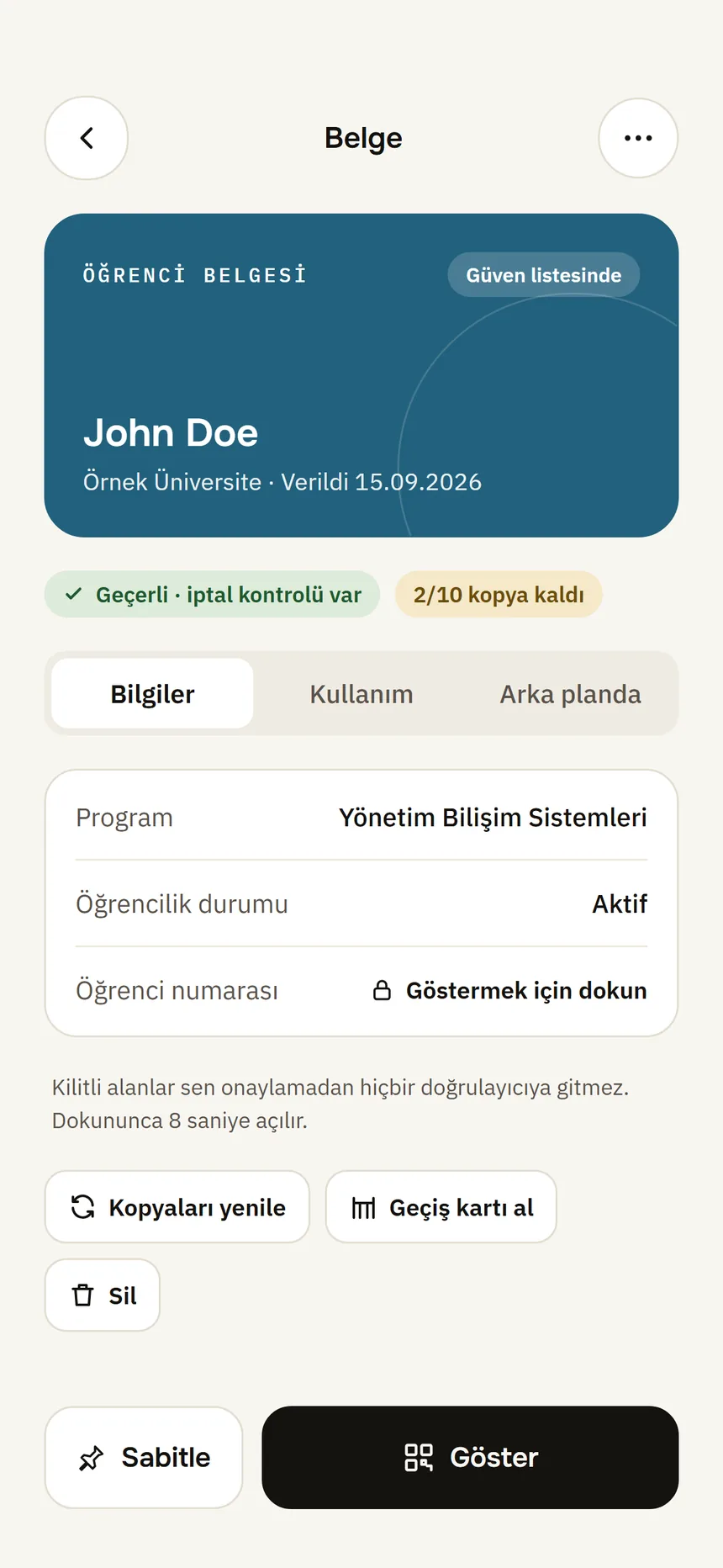 Document detail: the document card, its fields and remaining uses.