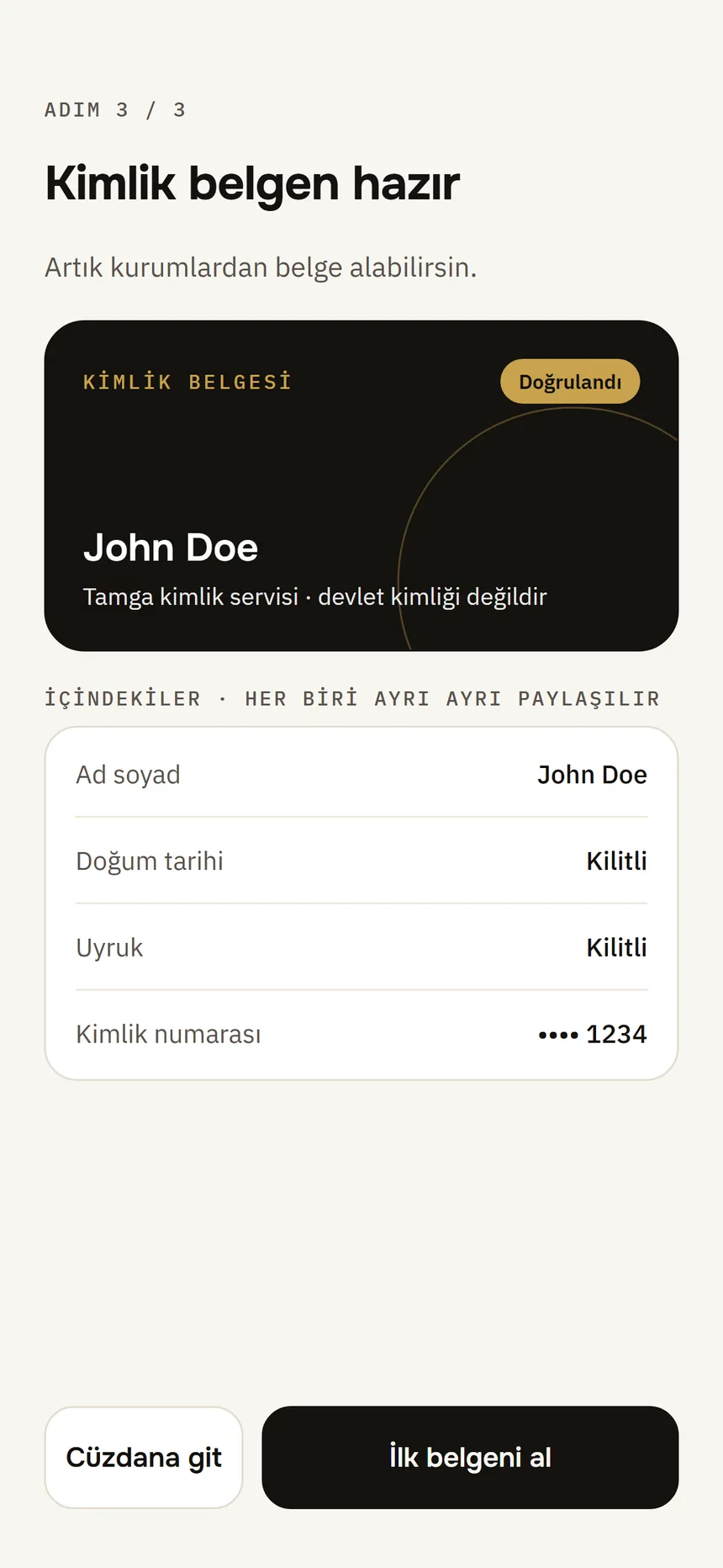 Identity credential ready: the identity card for John Doe; name, date of birth, nationality and ID number are each shared separately.
