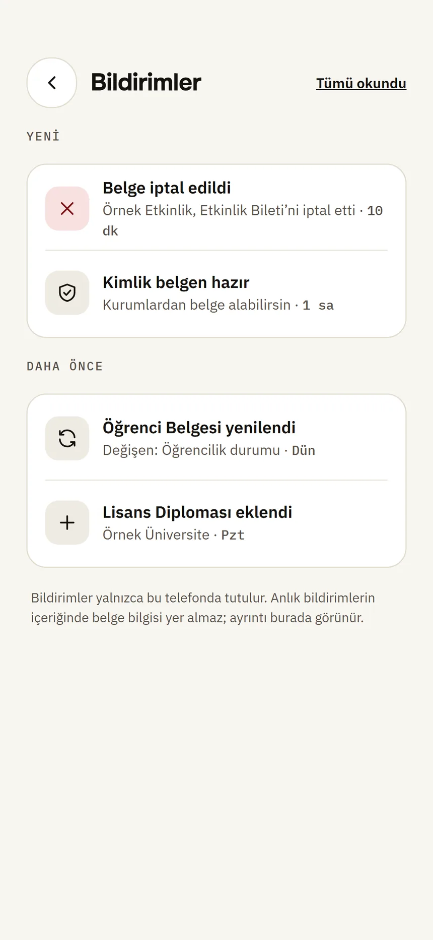 Telefonda üretilen bildirimler: iptal edilen belge, hazır kimlik belgesi, yenilenen belge.