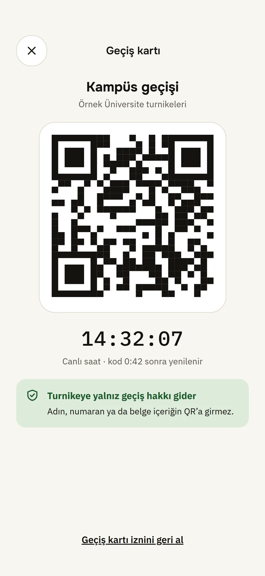 Pass: the QR code shown to a reader and the live clock.