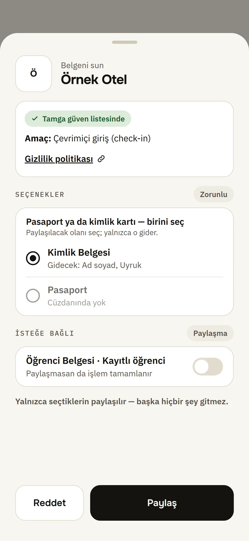 Share approval: who is asking, the information that will be sent and the approve button.