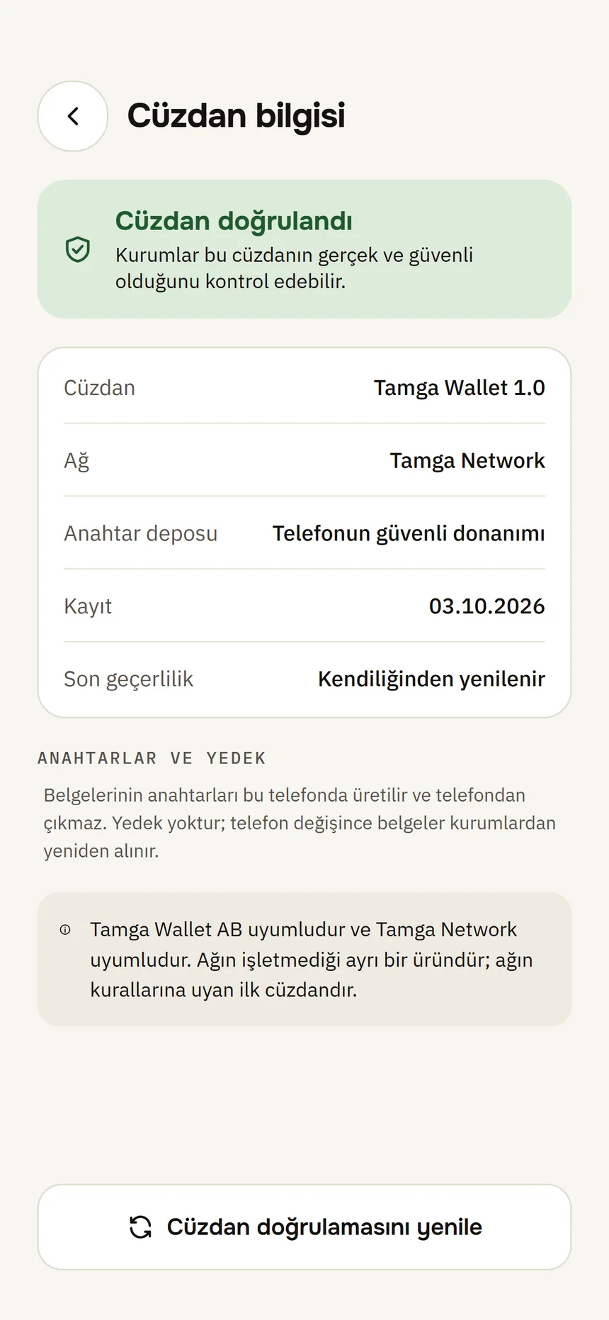 Cüzdan bilgisi: cüzdan doğrulaması, anahtar deposu ve anahtarların telefondan çıkmadığı notu.